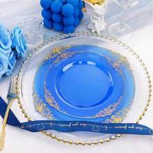 50pcs/25pcs/20pcs/10pcs Transparent Blue Rimmed Plates, Party Decor Plates, Western Dinner Plates, Banquet Plates, Pasta Plates, Large 10.25in/Small 7.5in, Reusable Washable Blue Rimmed Plates, Transparent Blue Baroque Style Plates With Gold Foil Rim, Suitable For Party, Banquet, Wedding, New Year, Valentine's Day, Quality Plate Set - Blue - View 7