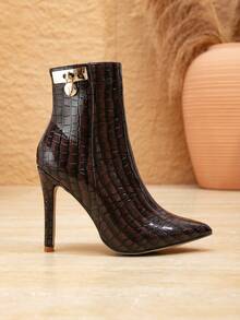 秋冬新款女士巧克力棕色踝靴，尖头细高跟搭扣装饰性感踝靴，适合万圣节、圣诞节、新年装扮，酒红色高跟鞋 - 巧克力棕 - 查看 9