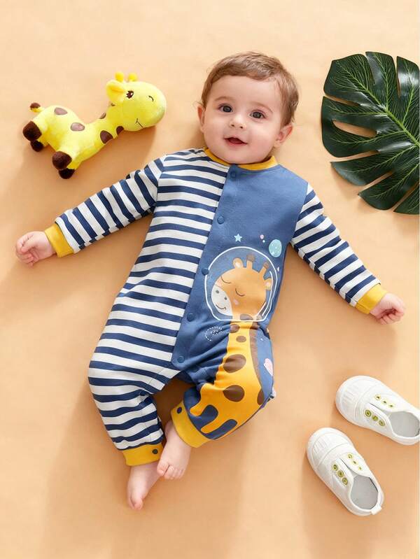 Space Theme Striped Giraffe Print Baby Boys Jumpsuit, Autumn