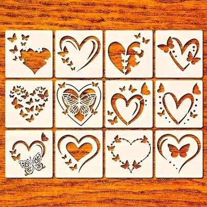 12pcs Valentine's Day Heart & Butterfly Reusable Drawing Template, Suitable For Greeting Cards, Fabric/Paper Wall Decor - Ideal Tool Kit For Art Beginners & Professionals, For Card Making, Creative Design, Decorative Templates, Smooth Edges, Durable Template Set, Suitable For Craft Enthusiasts, Professional Artists