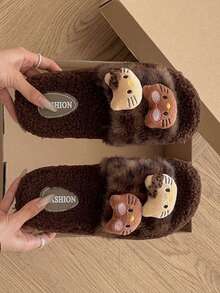 A Pair Of Sanrio's New Hello Kitty Cute Leopard Print Plush Slippers, Suitable For Girl's Autumn And Winter Home, Indoor Anti Slip Bathroom, Home Warm Slippers, Suitable For Outdoor Walking And Dressing