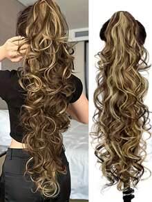 Synthetic 32 Inch Long Body Wave Ponytail Hair Extension Heat Resistant Claw Curly Wavy Ponytail Hairpieces For Women Blonde With Brown Daily Party Festival Use - Multicolor - View 11