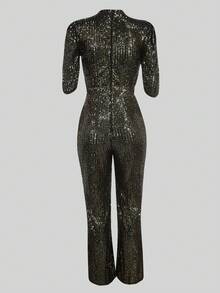 Women's Sequin V-Neck Glamorous Party Jumpsuit - Gold - View 2