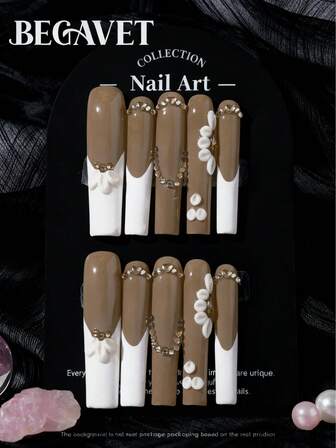 BEGAVET New Spring&Summer Collection 10pcs Handmade Salon Quality Nail Art Press On Nails Nude White 3D Floral Super Long Exclusive Design 3D Nails With 3D Charms, Suitable For New Year Parties/Music Festival And Daily Wear