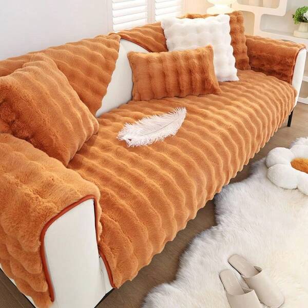 Soft Warm Faux Fur Couch Sofa Cover Thick Shaggy Fuzzy Sectional Couch Cover NonSlip Solid Color Plush Sofa Slipcover Furniture Protector For Pets Dark Orange 28"X35"