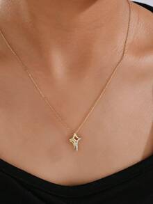 1 pieza Collar de cruz de plata de ley 925 con baño de oro de 14K y circonita incrustada, estilo INS para mujeres - Unitalla - Ver 2