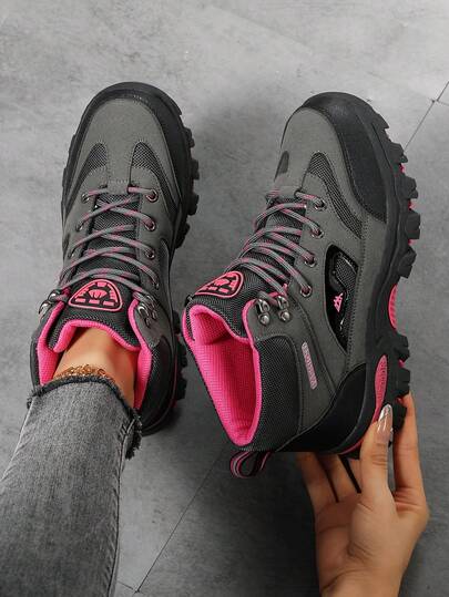 Women's Gray Patchwork Hiking Shoes, Outdoor Trekking Shoes, Rubber Sole Non-Slip Hiking Shoes, Leather Waterproof Lace-Up Flat Shoes, Lightweight Comfortable Casual Shoes, Women's Road Running Shoes, Thick-Soled Elevated Daily Casual Shoes, Women's Athletic Shoes, Women's Leisure Shoes, Women's Running Shoes, Women's Tennis Shoes, Women's Work Shoes, Women's Climbing Shoes, Women's Travel Shoes