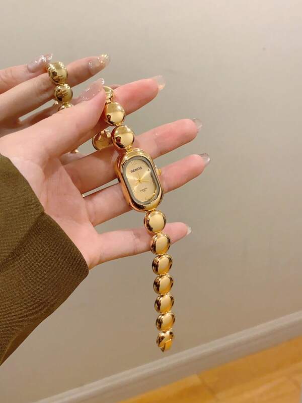 1 pezzo Orologio ovale in quarzo dorato/bianco con quadrante numeri arabi, elegante e casual, adatto per uso quotidiano, regalo per compleanni/Capodanno, adatto per occasioni casual/banchetti