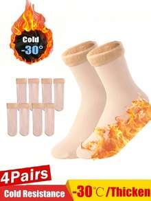 4 Pairs Winter Warm And Comfortable Sports Socks Unisex Elastic Ski Socks Plush Cold-Proof Thicken Thermal Outdoor Snow Socks For Women And Men, Cozy Socks - Multicolor - View 17