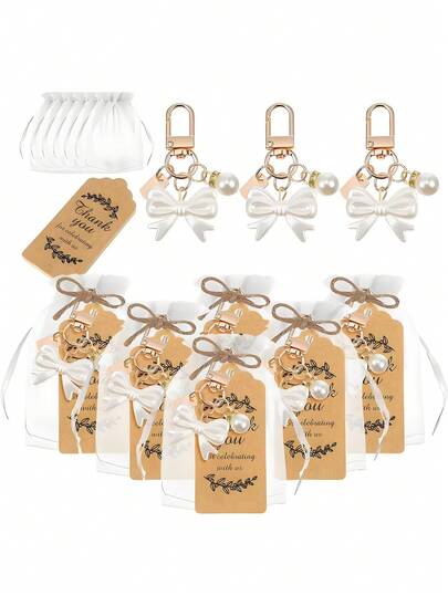 16pcs/4pcs Elegant White Faux Pearl Bow Keychains With Gold Metal Rings And Thank You Cards - Perfect For Weddings, Bridal Showers, Birthdays And Special Occasions - Comes With Silk Pouches, Great For Party Favors And Souvenirs. Wedding Favors | Elegant Keychains | Durable Keychains, Wedding Guest Gifts, Keychain Accessories, Keychain Storage Bags
