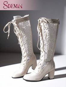 SDEMIN Women's White Floral Lace Knee-High Boots - Vintage Elegant Block Heel Style With Rear Zipper For Easy On/Off & Front Lace-Up For Calf Adjustment, Faux Leather & Delicate Lace Design For Spring/Summer Weddings, Parties & Dates - White - View 5