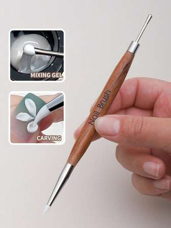 1Pc Wood Handle Double Head Nail Mixing Gel Pen, Silicone Nail Carving Pen, Soft Rubber Tip For Powder Application, Multi-Function Nail Dotting Painting Pen, Detail Brush,Manicure Set