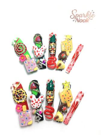 Each Set Includes 10 Pieces Of Y2K Coffin-Style Handmade Acrylic Nails, Featuring French Design With Rhinestones, Ice Cream, Lollipops, And Watermelon Decorations. Available In Multiple Tones And Nude Shades. Three Sizes For A Perfect Fit, Suitable For Parties, Galas, And Daily Wear. Includes A Nail Tool Kit, Making It The Ideal Press-On Nails (Overlay Nails) Gift For Women And Girls.