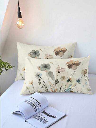2 غطاء وسادة زخرفي مطبوع بالأزهار المائية الملونة باللون الأزرق والبني، أغطية وسائد قطنية بطبعات زهور بأسلوب المزرعة البسيط، بسوستة مخفية مطبوعة من جانب واحد، ديكور منزلي ريفي حديث مناسب للأريكة والسرير بمقاس 30 * 50 سم (بدون إدراج وسادة)