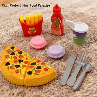 9pcs Pizza & Fries Playset, Includes 1 Sliceable Pizza, Children's Kitchen Toy, Suitable For Kids & Toddlers As Pretend Food, Ideal Gift For Halloween, Thanksgiving And Christmas