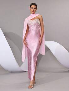水钻露肩开叉大腿抹胸婚礼伴娘礼服，节日派对绷带礼服