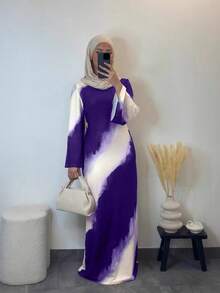 Women's Tie-Dye Knit Midi Dress, Flare Sleeves, Round Neck, Medium Stretch, Arabic Style Dress Spring - Purple - View 4
