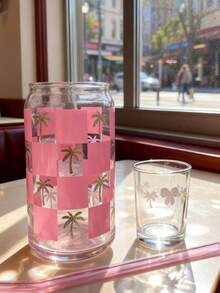 1pc/Set Coconut Tree Checkered Coffee Matcha Glass Straw Cup, Jar-Shaped Sparkling Water/Soda Glass Straw Cup, 16oz Glass Straw Cup With Straw, Best Gift For Friends - Multicolor - View 11