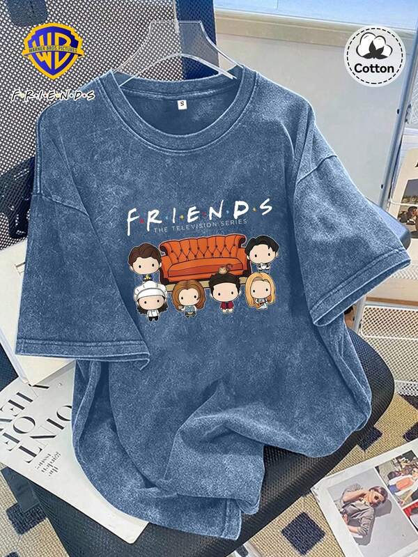 Warner Bros LILL, Autumn Women's "Friends" Pattern T-Shirt Tops, Slightly Elastic Fit Washed And Distressed Cotton Denim Blue Round Neck Short-Sleeved T-Shirt, Casual Daily Street T-Shirt Tops