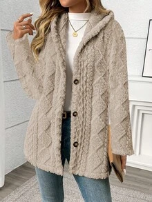 Long Solid Color Diamond Pattern Soft Fleece Front Button Cardigan, Everyday Wear, Autumn/Winter