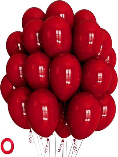 12-Inch 20pcs Thick & Durable Red Party Balloons With Red Ribbons, For Birthday Party, Wedding, Baby Shower, Valentine's Day, Christmas And Holiday Decorations