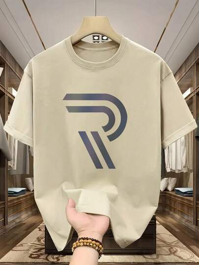 男士加大码休闲字母印花圆领短袖T恤，夏季