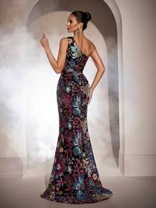 High-Quality Elegant Embroidered Beaded One Shoulder Fitted Dress For Women - Multicolor - View 2