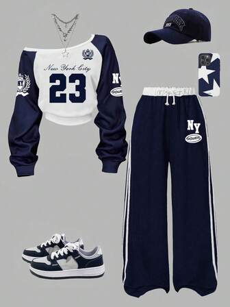 Teen Girl Numeric Print Oblique Shoulder Sweatshirt And Sweatpants Casual Suit