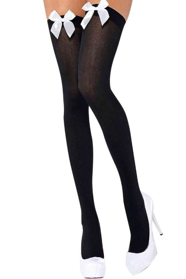 Over-The-Knee Black Stockings With White Satin Bow - Sexy Thigh-High Stockings - Soft, Stretchy And Comfortable - Sizes XS To XL - Perfect For Lingerie, Costumes Or Everyday Use - Easy To Combine With Dresses, Skirts Or High Heels - Ships Within 24-72 Hours