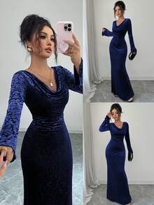 Women's Elegant Fashion Navy Blue High-End Draped Neck, Draped Neck, Long Sleeve Ruched Fitted Mermaid Velvet Burnout Maxi Dress, Bodycon Dress, Sexy, Formal, Party, Gala, Date - Royal Blue - View 8