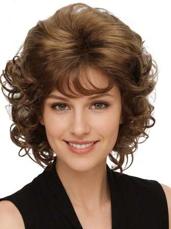 1 st brun sjal storvågig rulle kemisk fiberhår för kvinnor med lugg 12 tum mode kvinnor syntetisk peruk för dagligt bruk eller högtidsfest Halloween kostym ceremoni kläder