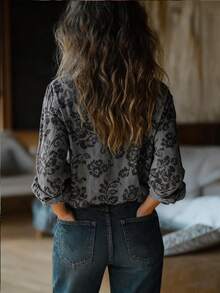 Women's Retro Printed Fashionable Shirt, Front Double Pocket Long Sleeved Top, Women's Clothing - Màu xám đen - Xem 2