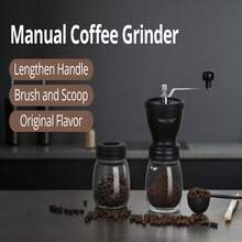 Manual Coffee  With Ceramic Burrnd Lengthen Stainless Steel Handle, Hand Coffee Mill With 2 Glass Jars(11oz Each), Brush And Tablespoon Scoop, Coffee Bean  For , Camping, Black - Black - View 4