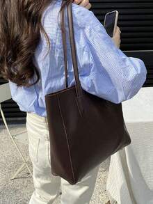 大容量单肩/手提包，适合通勤和上学，带母扣，商务休闲女包，完美适用于办公室商务和工作场合，是女士工作包的理想之选，兼具日常优雅和特殊场合的时尚感，新款女士大容量包 - 咖啡棕 - 查看 4