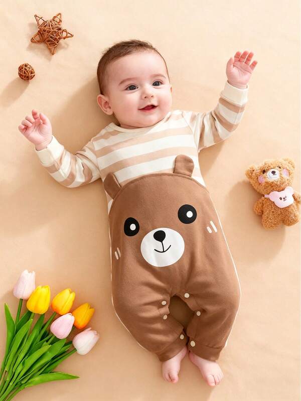 Cartoon Striped Long Sleeve Romper, Baby Bear Print Outerwear