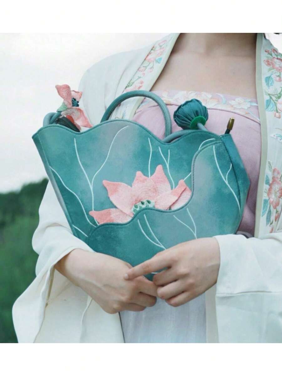 1Pc Lotus Pattern CrossBody Fashion Bag –Chinese Style Women's Shoulder Bag, Exquisite Green & Pink Lotus Dragonfly Pattern, Lightweight Zipper Closure Bag For Travel, Vacation & Birthday Gifting - 1個 - 查看 1