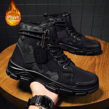 Men's 2025 New Autumn And Winter English Style Thick Soled High Top Motorcycle Boots Men's Fleece And Thick Work Shoes Snow Boots - 黑色 - 查看 1