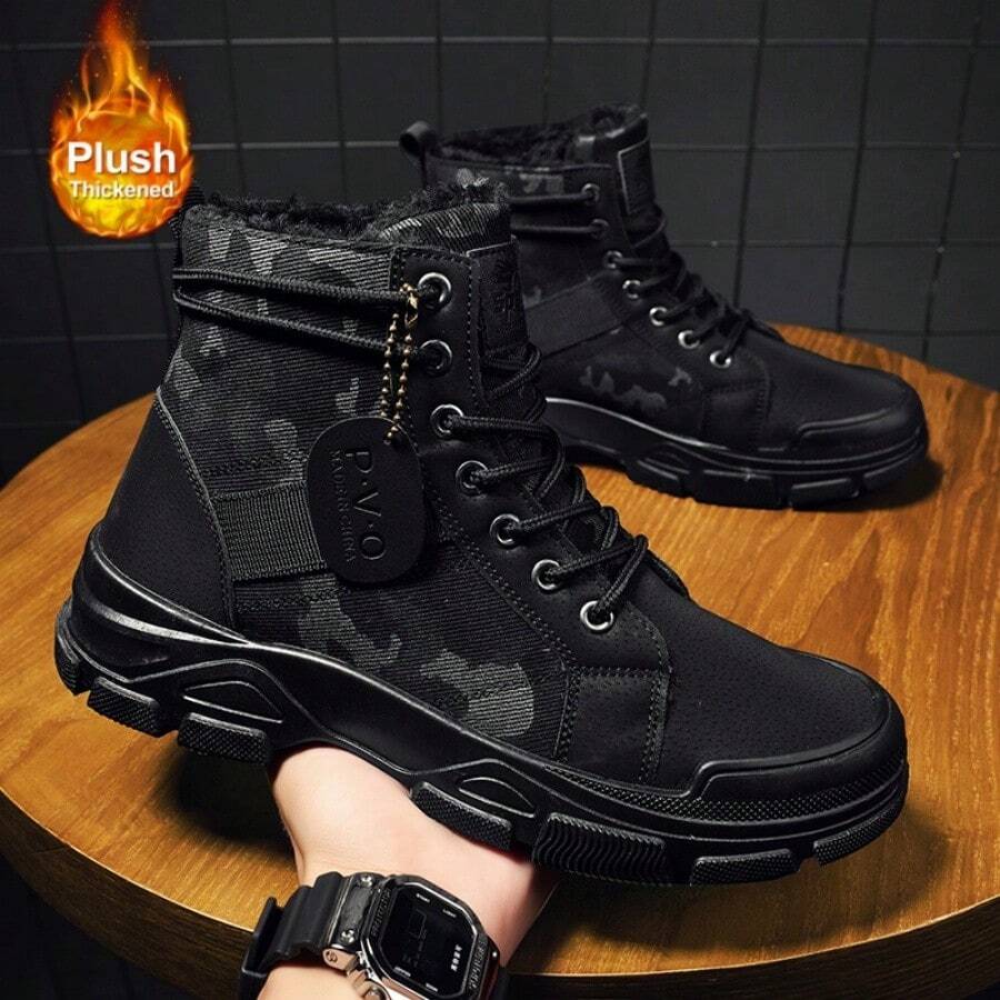 Men's 2025 New Autumn And Winter English Style Thick Soled High Top Motorcycle Boots Men's Fleece And Thick Work Shoes Snow Boots - 黑色 - 查看 1