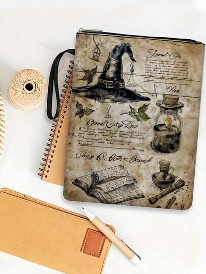1pc Vintage Magic Hat Theme Book Cover With Zipper, Paperback Book Protective Sleeve, Paperback Book Cover, Book Jacket, Book Protector, Book Bag, Printed Book Bag With Front Pocket Multi-Functional Book Storage Bag, Suitable For School, Students, Teachers, Book Lovers