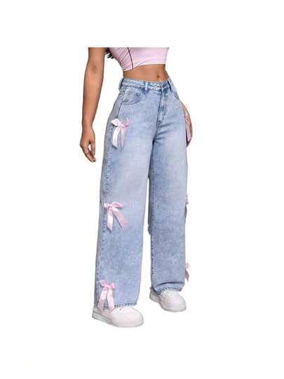 New 2025 Y2K Street Style Women's Jeans - Bowknot Patchwork Washed Denim, Loose Straight Wide Leg Pants. Edgy,  & Versatile.