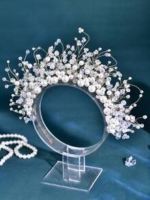 1 Stück luxuriöser romantischer Perlen- & Kristall-Dekor Braut-Krone, handgefertigter modischer Haarschmuck für Hochzeit, Party & Veranstaltungen