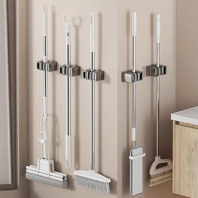 Väggklämma för förvaring av moppar, förvaringsklämma för badrum, kan användas för kvastar och moppar, en praktisk produkt med borrfri design.
