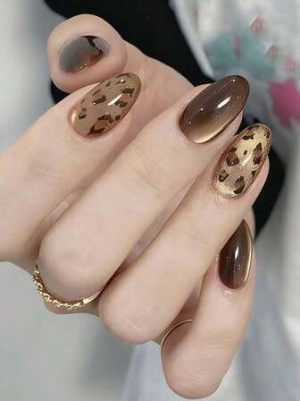 24片杏仁形浮雕美甲贴片 - 简约奢华棕色豹纹猫眼设计中长款人造指甲贴片，适合女性日常场合、派对和特殊活动，是送给她的完美礼物，美甲技巧礼物，精致的美甲艺术。