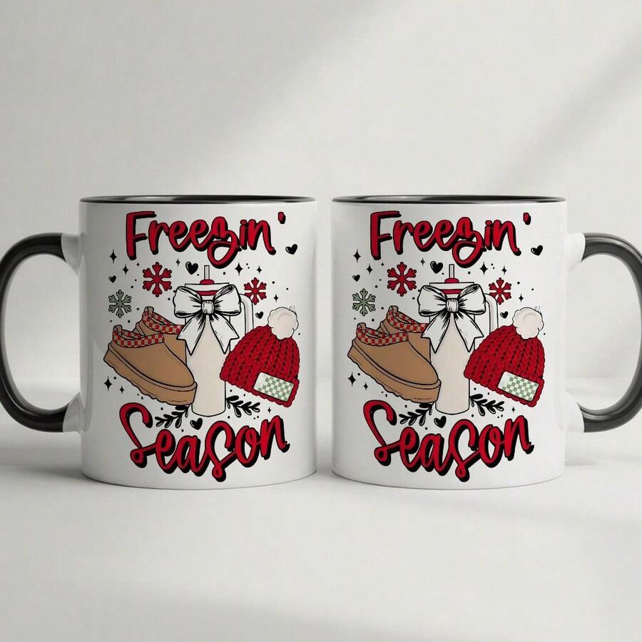 1 "Frozen Season" Christmas Coffee Mug With Snowflake Hat And Winter Boots Design - Pink And White Holiday Mug With Red Letters, Hot Cocoa Gift, Suitable For Home, Office, Party Use (Compatible With Hot Drinks) - 黑色 - 查看 1