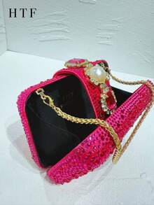 1pc Rose Red Shiny Luxury Hot Diamond Rhinestone Decorative Clutch Bag, Women's Fashion Temperament Elegant Dinner Bag Glitter Bling-Bling Rhinestone Shoulder Bags Crossbody Bag Purses Handbags Crystals Rhinestone Evening With Chain Bags