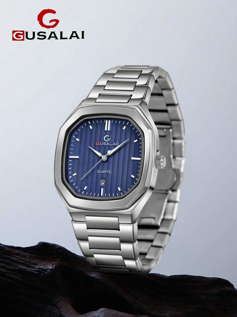 GUSALAI 1pc Gusala Men's Elegant Diamond Engraved Dial Rectangular Watch, Suitable For Daily Life, Holiday Gift, Christmas, Year-End,