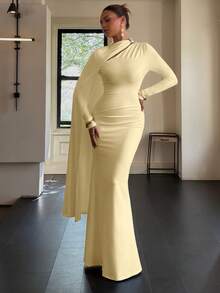 Women's Elegant Cape Sleeve Pleated Waist Formal Maxi Dress With Metal Buckle Detail,Suitable For Party, Birthday, Wedding, Versatile Maxi Dress For Women - Yellow - View 2