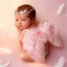 Zestaw rekwizytów do fotografii noworodkowej – regulowane skrzydła anioła + opaska na głowę z srebrnymi żyłkami, wielokolorowe pióra, odpowiedni dla noworodków, na obchody 100. dnia życia, do fotografii tematycznej, prezent na baby shower