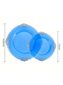 50pcs/25pcs/20pcs/10pcs Transparent Blue Rimmed Plates, Party Decor Plates, Western Dinner Plates, Banquet Plates, Pasta Plates, Large 10.25in/Small 7.5in, Reusable Washable Blue Rimmed Plates, Transparent Blue Baroque Style Plates With Gold Foil Rim, Suitable For Party, Banquet, Wedding, New Year, Valentine's Day, Quality Plate Set - Blue - View 2