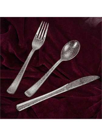 150pcs Transparent & Silver Glitter Reusable Cutlery Set, Including 50 Knives, 50 Forks, 50 Spoons, Dishwasher , Ideal For Party/Birthday/Wedding